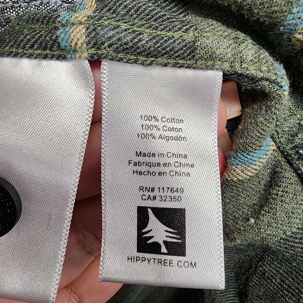 Hippy Tree Flannel Nomad Division Shirt Men Large (Fits Slim) Green Plaid Cotton - Picture 9 of 11